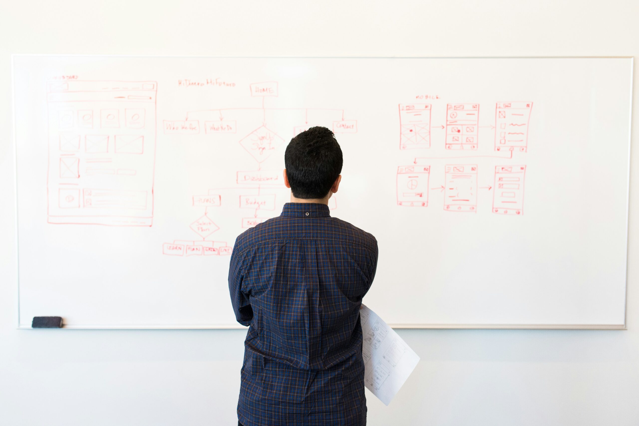 Eine Person steht vor einem bemalten Whiteboard.