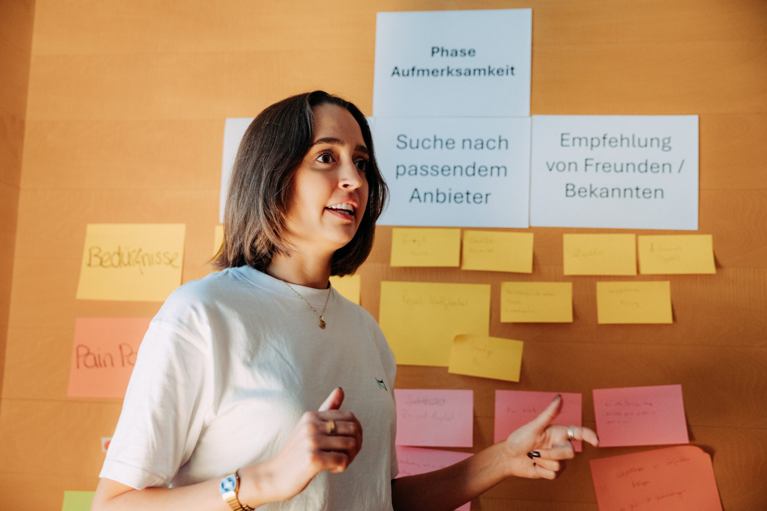 Eine Person steht vor einer Wand, an die Sticky Notes angeheftet wurden.