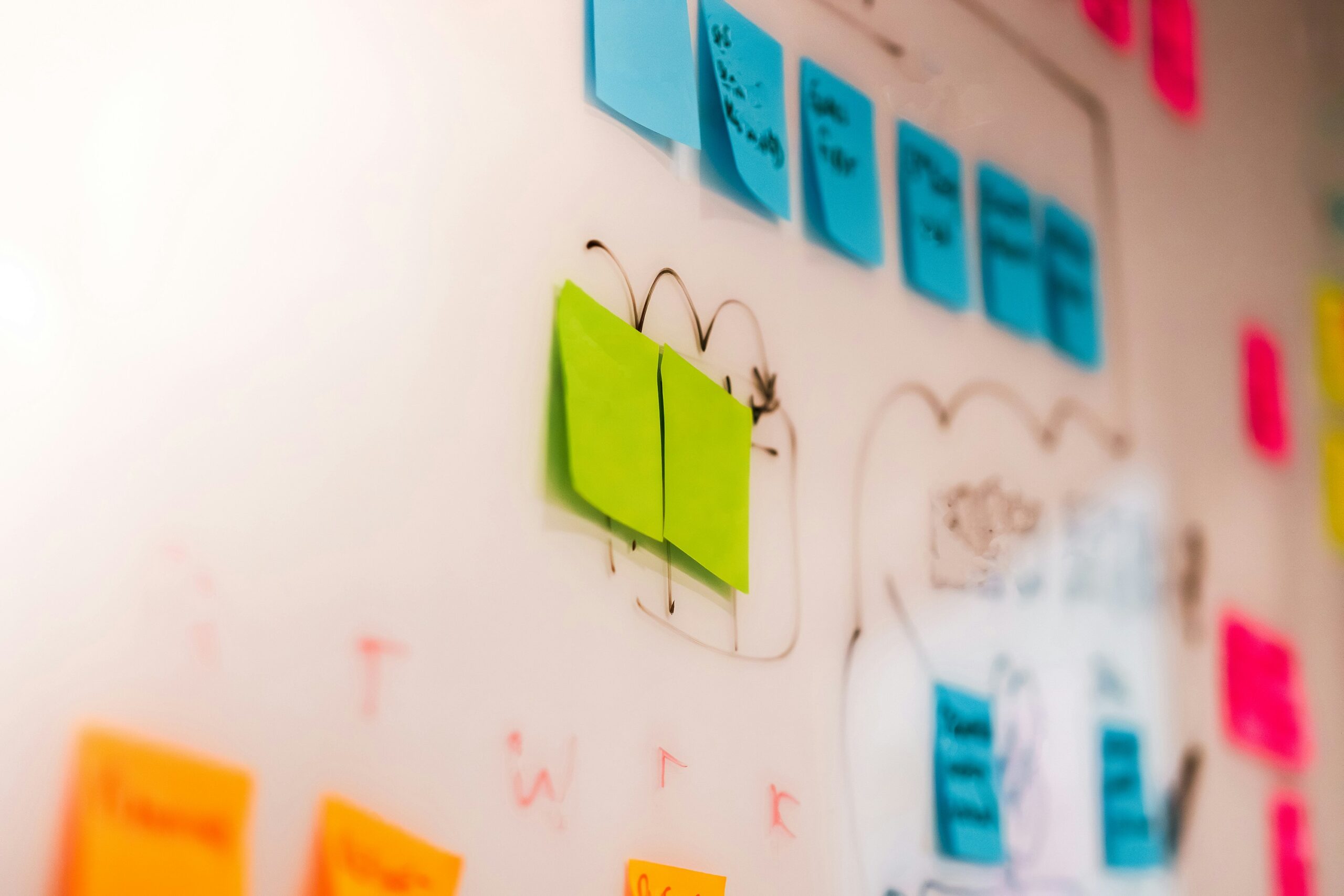 Sticky Notes wurden an ein Whiteboard geklebt.